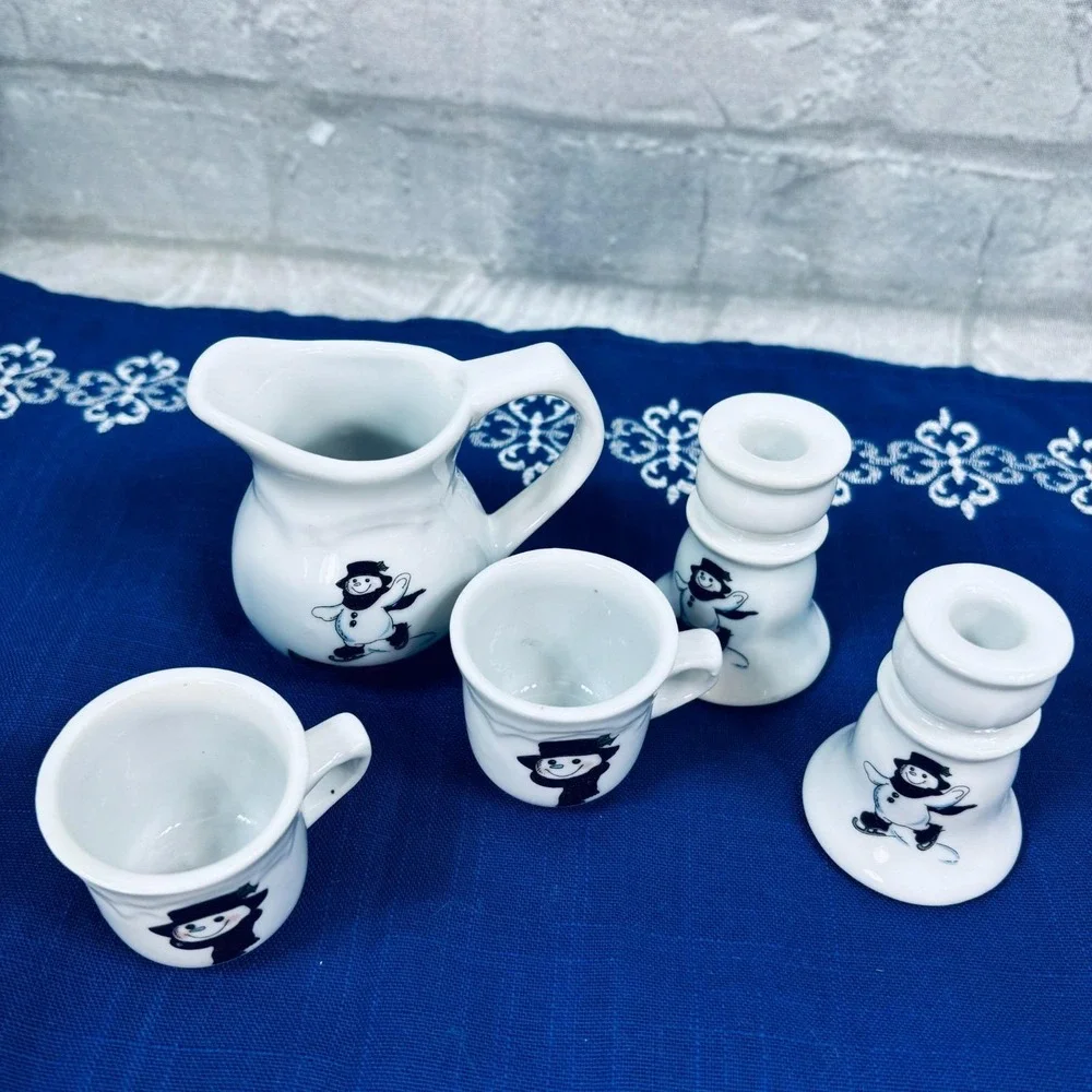Vintage 1990s Strombecker Corp Snowman Mini Mugs, Pitcher & Candlestick Holders.
